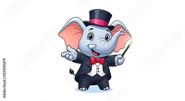 Fototapeta Charming cartoon elephant magician with top hat and wand, performing tricks. Magical circus-style character on white background.