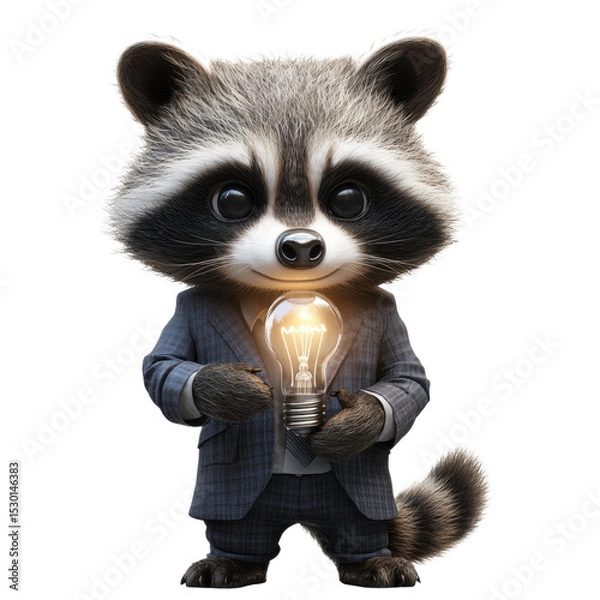 Obraz Charming Cartoon Raccoon with Electric Light Bulb in Business Suit