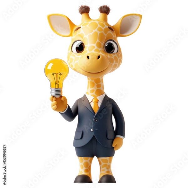 Obraz Cartoon Giraffe in Business Suit Holding Light Bulb Conceptual Idea