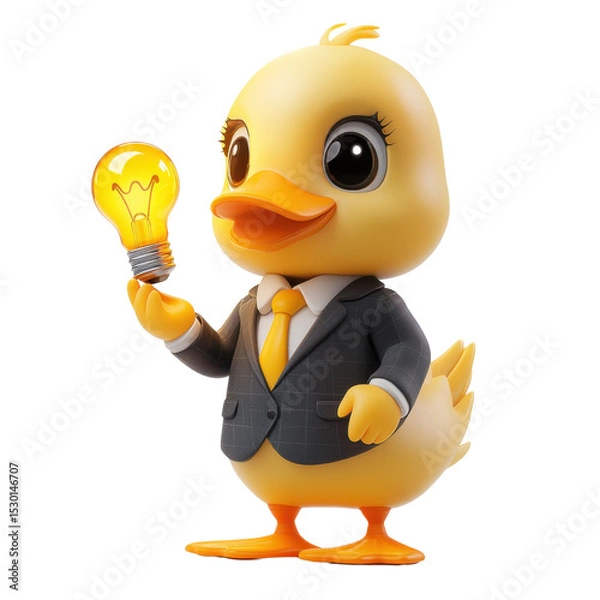Obraz Cute Cartoon Duck in Business Suit Holding Light Bulb Idea Concept