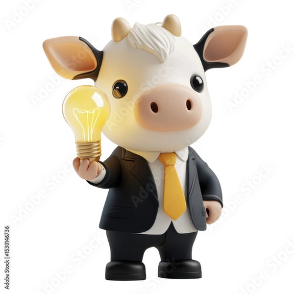 Obraz Cartoon Cow in Business Suit Holding Light Bulb with Smart Concept