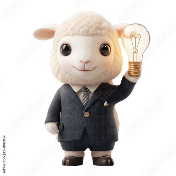 Obraz Cute Sheep Character in Business Suit Holding Light Bulb Idea Concept