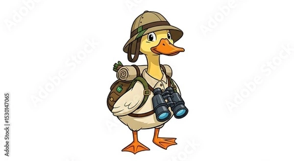 Fototapeta Cartoon duck explorer with backpack and binoculars, ready for an adventure. Travel-themed animal character on white background.