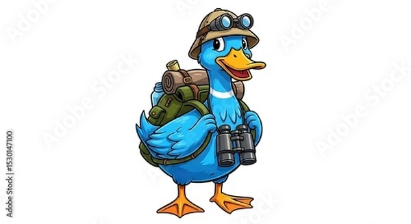 Fototapeta Cartoon duck explorer with backpack and binoculars, ready for an adventure. Travel-themed animal character on white background.