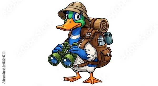 Fototapeta Cartoon duck explorer with backpack and binoculars, ready for an adventure. Travel-themed animal character on white background.