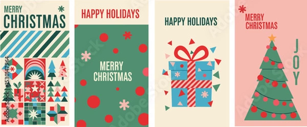 Obraz Merry Christmas and Happy New Year Set of greeting card, poster, holiday cover. Modern Xmas design in simple geometric style in green, red, pink and blue colors for ads, sales, print, season greetings