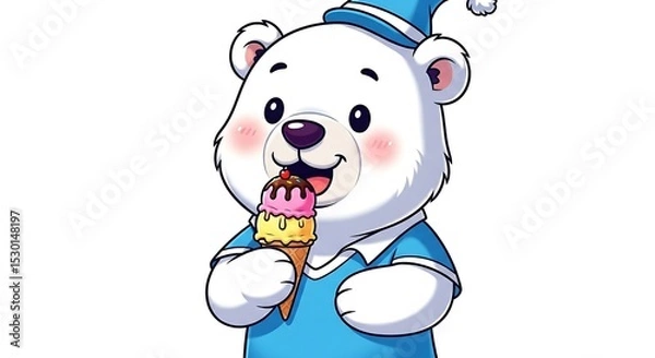 Fototapeta Cute cartoon polar bear eating ice cream. Summer and cold character mix on white background.