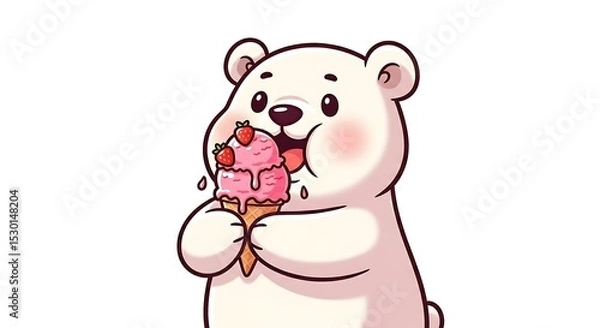 Fototapeta Cute cartoon polar bear eating ice cream. Summer and cold character mix on white background.