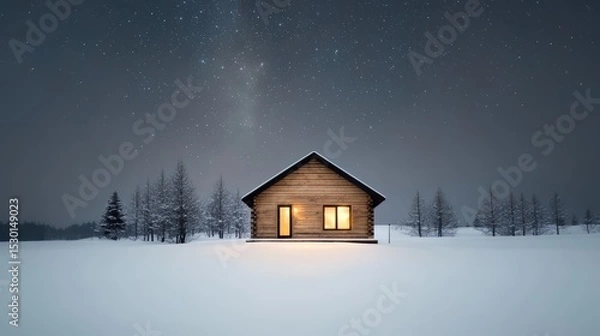 Fototapeta Small cabin is lit up by the moon and stars. The cabin is surrounded by trees and snow