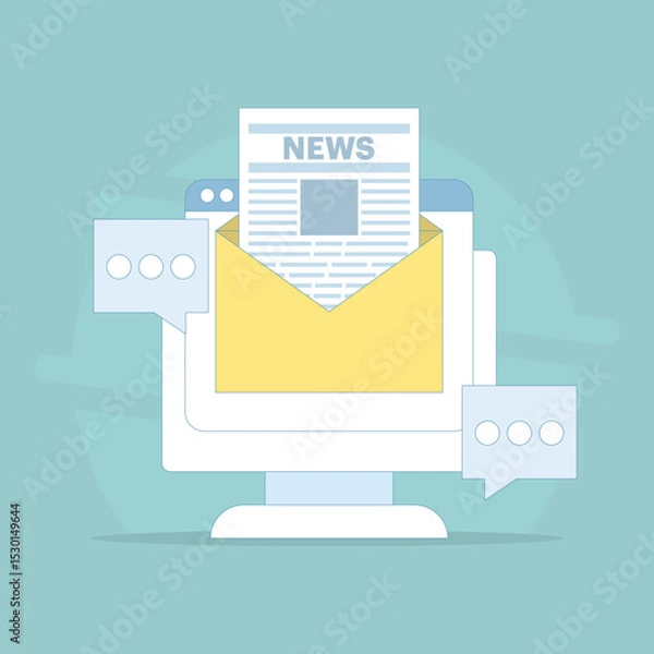 Obraz Email newsletter concept, Email marketing, SEO on email marketing, digital news, subscription renewal. Online business strategy, newsletter marketing. Flat vector illustration on background.