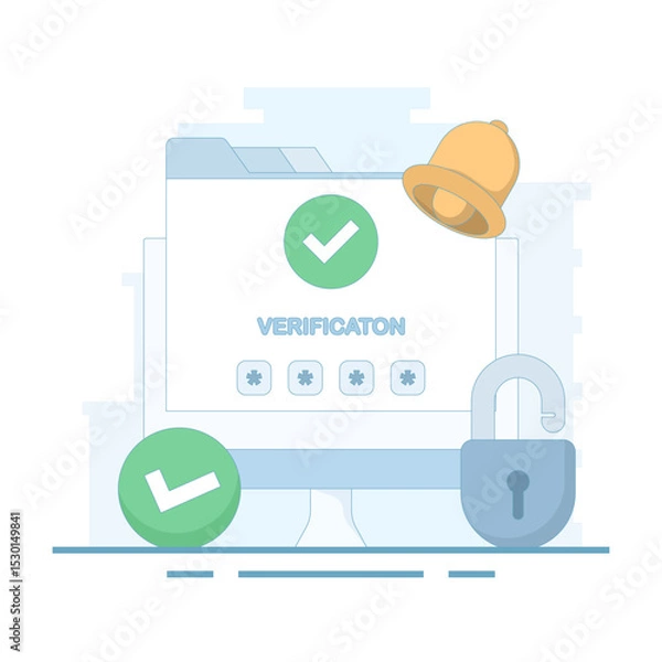 Obraz User verification concept, security system. verification check mark. receiving OTP code. one time password for protection. cyber security, secure authentication. flat design illustration.