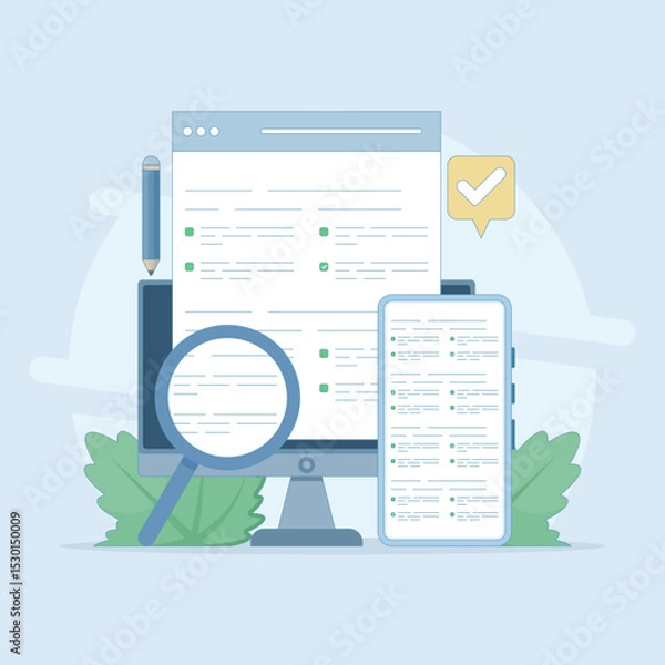 Obraz Testing concept. Reading test. Online exam, questionnaire form, Explore quiz checklist answers and success results. Online education, survey metaphor. Flat vector illustration on background.