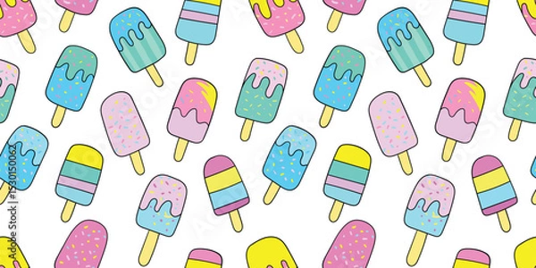 Fototapeta Ice cream and sweets, bright colors, seamless pattern, suitable for fashion design, decoration, fabric, wallpaper and printing on white background.