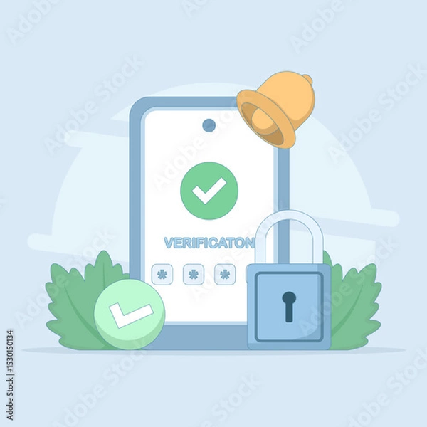 Obraz User verification concept, security system. verification check mark. receiving OTP code. one time password for protection. cyber security, secure authentication. flat design illustration.