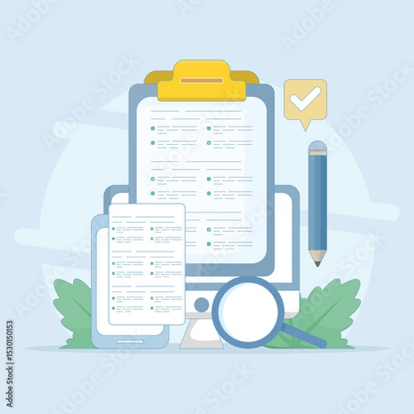 Obraz Testing concept. Reading test. Online exam, questionnaire form, Explore quiz checklist answers and success results. Online education, survey metaphor. Flat vector illustration on background.