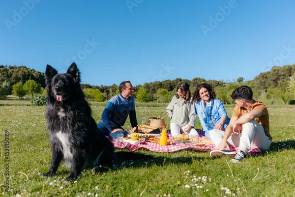 Fototapeta Family with teenagers and a big black dog having fun, eating and chatting during a picnic on a sunny day in spring