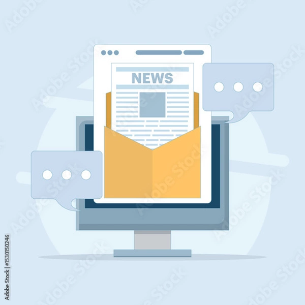 Obraz Email newsletter concept, Email marketing, SEO on email marketing, digital news, subscription renewal. Online business strategy, newsletter marketing. Flat vector illustration on background.