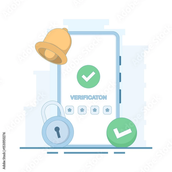 Obraz User verification concept, security system. verification check mark. receiving OTP code. one time password for protection. cyber security, secure authentication. flat design illustration.