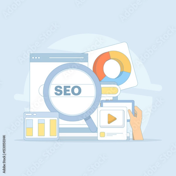 Obraz Search engine optimization concept, social media marketing. search marketing, SEO services, analysis and planning strategies. SEO optimization. flat vector illustration on background.