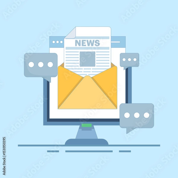 Obraz Email newsletter concept, Email marketing, SEO on email marketing, digital news, subscription renewal. Online business strategy, newsletter marketing. Flat vector illustration on background.