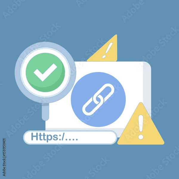 Obraz concept of protection from malicious links. suspicious and malicious hyperlinks, safe browsing and warning notifications, security system in browsers. unsafe websites. flat design.