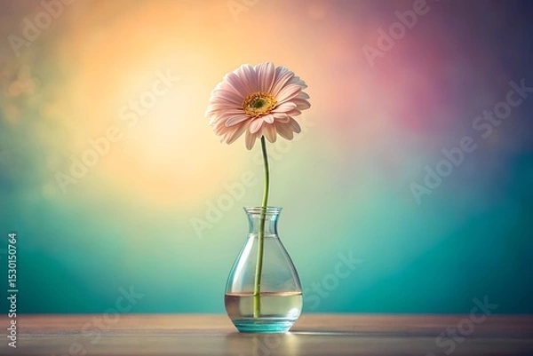 Fototapeta Gerbera daisy in glass vase with vibrant dreamy background evoking serenity