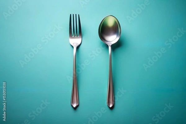 Fototapeta Silverware with spoon and fork on teal background in minimalist food flatlay
