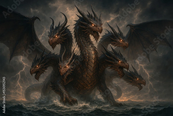 Obraz Seven-Headed Dragon Emerging from the Sea – Apocalyptic Biblical Beast with Storm and Lightning