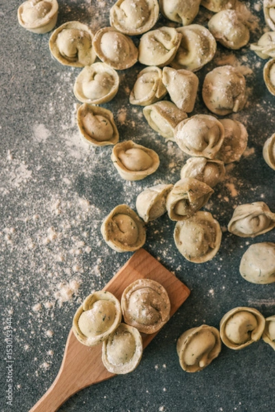 Obraz Top view of raw dumplings scattered on a floured countertop with a wooden spatula, capturing a rustic and homely food preparation scene
