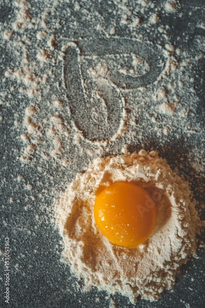 Obraz Fresh egg yolk in a nest of flour with a heart drawn in the dusted surface, symbolizing love for cooking and baking at home