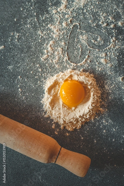Obraz Fresh egg yolk in a nest of flour with a heart drawn in the dusted surface, symbolizing love for cooking and baking at home