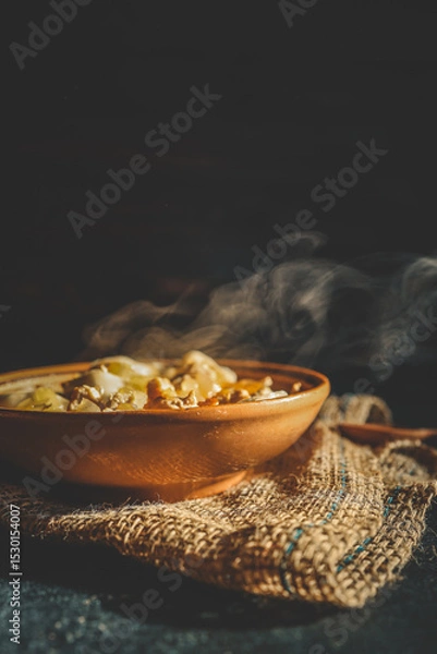 Obraz Traditional dumplings served in a rustic clay bowl with fried onions and steam rising, placed on burlap fabric in warm, moody lighting