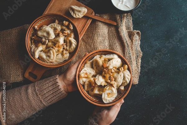 Obraz Traditional dumplings served with fried onions and meat in ceramic bowls on burlap with a bowl of sour cream and hands holding one of the dishes
