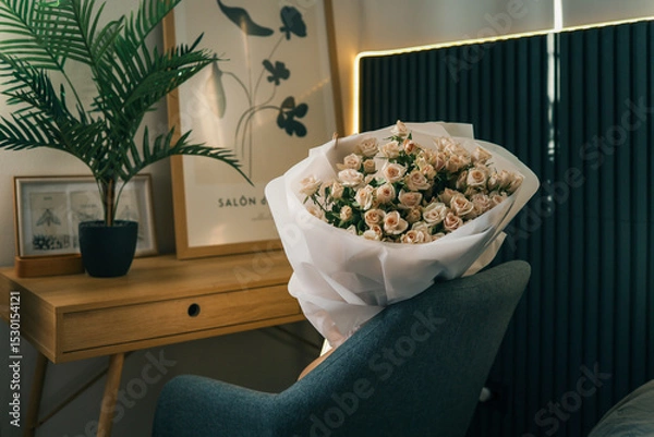 Obraz Bouquet of delicate pink roses wrapped in white paper, placed on a chair in a cozy modern interior with wooden desk and framed art