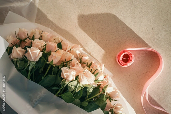Obraz Elegant bouquet of pale pink roses wrapped in white paper with a pink ribbon roll nearby on light textured surface in sunlight