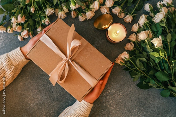 Obraz Hands holding a gift box with a satin ribbon, surrounded by white roses, a burning candle, and soft cozy fabric on a dark textured background