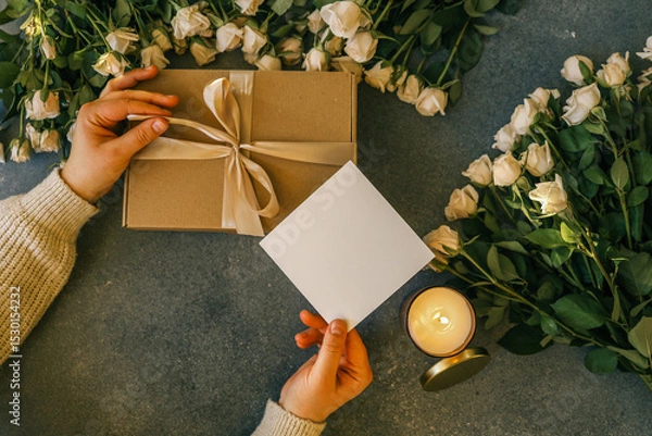Obraz Hands holding a gift box and blank card surrounded by cream roses and a lit candle. Cozy flatlay with warm light and romantic mood, perfect for celebration or message