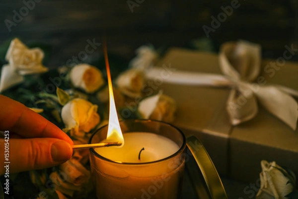 Obraz Close-up of a match lighting a candle, surrounded by soft beige roses and a gift box with ribbon in a warm cozy atmosphere