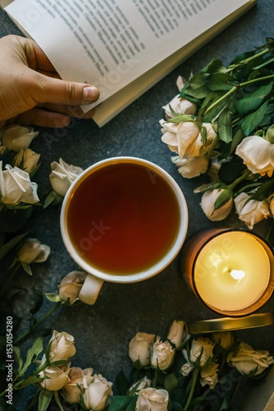 Obraz Cozy flat lay with a cup of tea, open book, bouquet of pale roses, a lit candle, and a gift box with ribbon on a stone surface