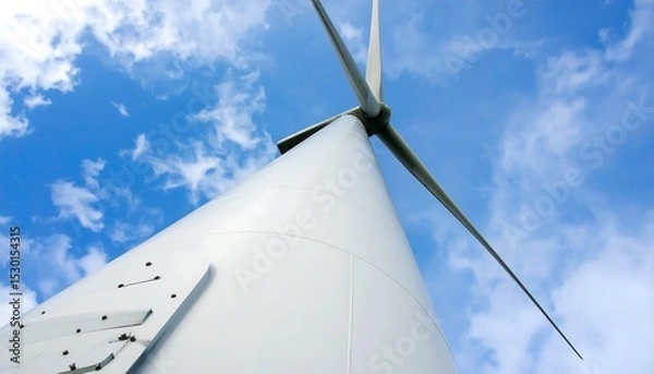 Fototapeta Wind turbine against blue sky with low angle.