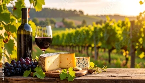 Fototapeta Wine with cheese, and grapes in vineyard. (1)