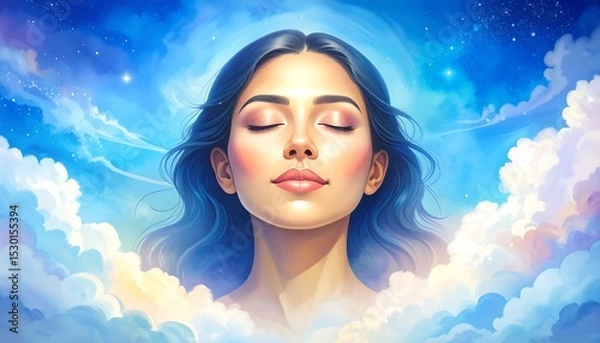 Fototapeta Woman in clouds with peaceful expression.