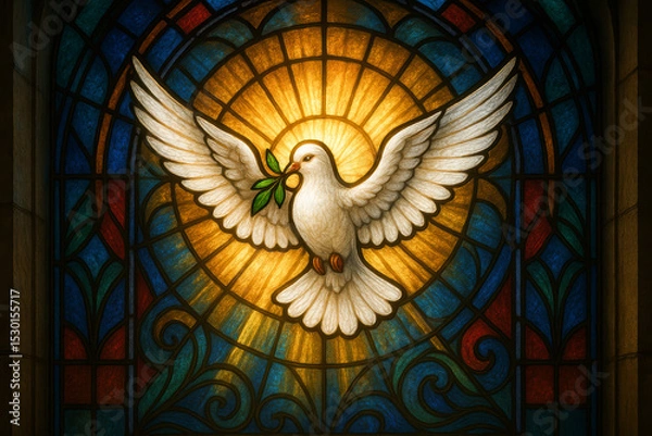 Obraz White Dove with Olive Branch in Stained Glass Window – Biblical Symbol of Peace and Holy Spirit Light