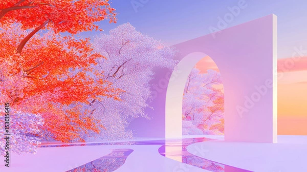 Fototapeta 3D Surreal Landscape with Glowing Pink and Purple Trees, Reflective Geometric Structures and a Glowing Ring in a Dreamlike, Cyberpunk Abstract Scene