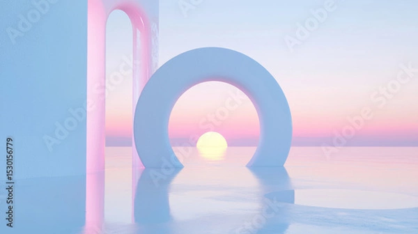 Fototapeta 3D Serene Surreal Landscape with Glowing White Geometric Rings, Reflecting the Soft Sunset on Calm Water in a Dreamlike Scene Product Display Podium