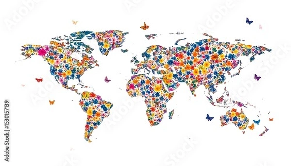 Fototapeta World map made of colorful flowers and butterflies.