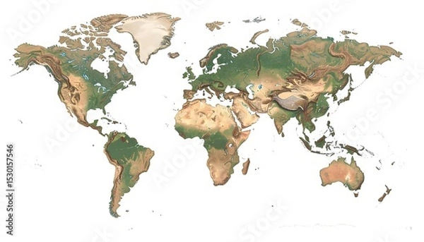 Fototapeta World Map with topography relief, and white background.