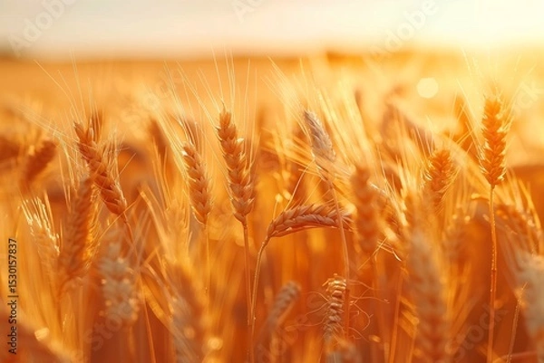 Fototapeta Golden Wheat Field Bathed in the Soft Glow of a Setting Sun During a Peaceful Evening