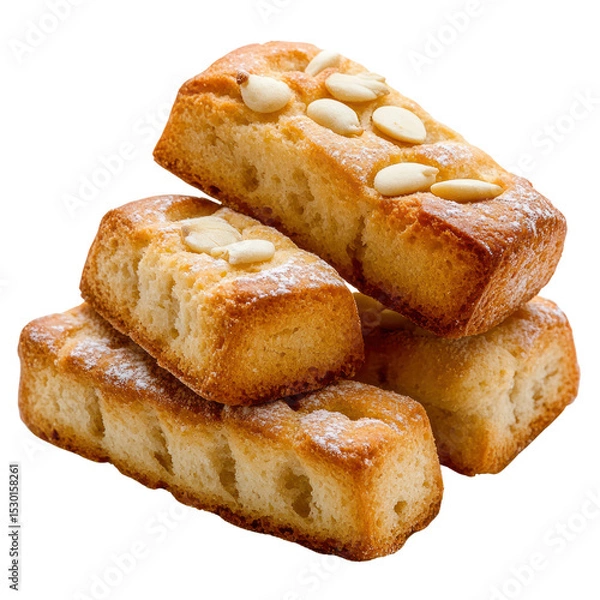 Obraz Almond Financier Delight: A stack of golden-baked financiers, each delicately crowned with an almond, creating a visual feast of delicious dessert.