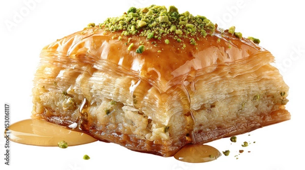 Fototapeta Delicious baklava topped with crushed pistachios and honey. transparent background